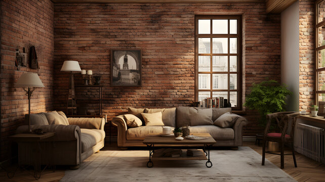 living room decor, home interior design . Industrial Rustic style with Brick Wall decorated with Metal and Wood material