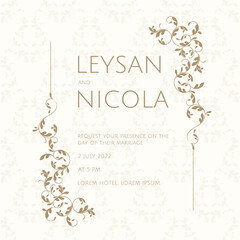 Elegant wedding invitation. Card template with floral frame. Classic design page.
