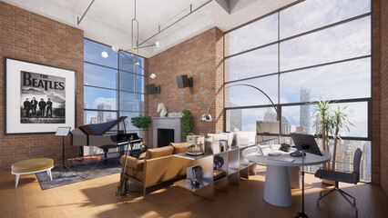 Loft apartment inteiror for musican living in NYC. 3D rendering 
