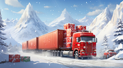 Santa Claus secret base, filling container trucks with presents - obrazy, fototapety, plakaty
