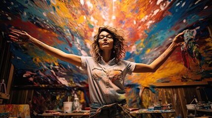 ARTIST THROWING PAINT AT CANVAS
