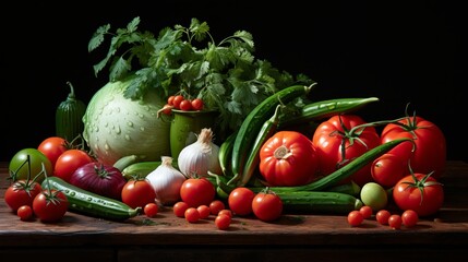 composition of tomatoes, onions, cucumbers, green chillies and potatoes, rustic wood table, copy space, 16:9