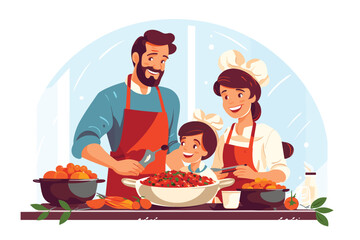 Family in kitchen preparing food. Mom and dad with daughter dealing with dishes. vector illustration