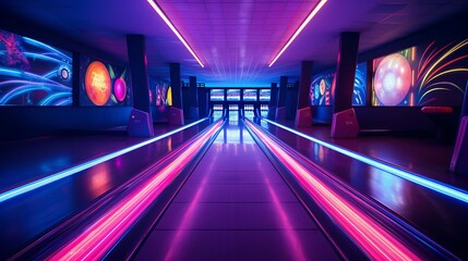 bowling alley lane with neon lights, copy space, 16:9 - obrazy, fototapety, plakaty