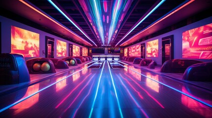 bowling alley lane with neon lights, copy space, 16:9