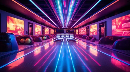 Tuinposter bowling alley lane with neon lights, copy space, 16:9 © Christian
