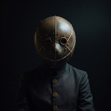 A person wearing a spherical mask