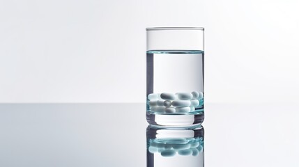 Glass of water and pills on white background. Selective focus.