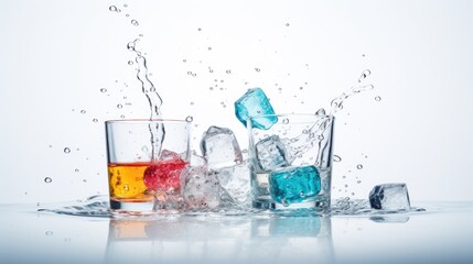 Colorful ice cubes falling into glass with water splashes on white background