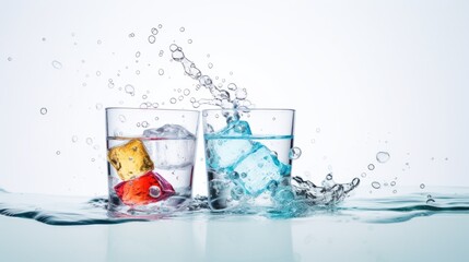 Colorful water in glass with reflection on white background. Colored water and ice cubes.