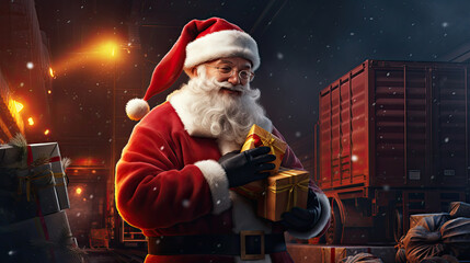 Santa Claus secret base, filling container trucks with presents - obrazy, fototapety, plakaty