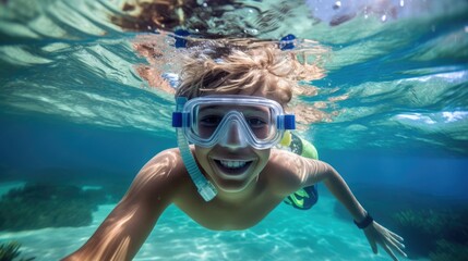 Boy snorkeling in the sea, underwater view
