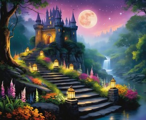 mystical wizard's castle, towering spires. Fantasy - obrazy, fototapety, plakaty