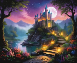 mystical wizard's castle, towering spires. Fantasy - obrazy, fototapety, plakaty