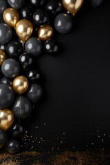 minimalist black party  background with a black and golden ballons with empty copy space