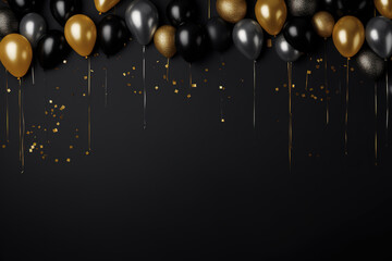 minimalist black party  background with a black and golden ballons with empty copy space - obrazy, fototapety, plakaty