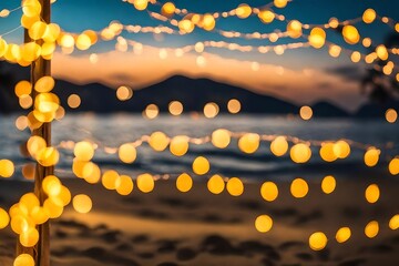 blurred bokeh light on sunset with yellow string lights decor in beach restaurant - obrazy, fototapety, plakaty