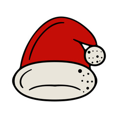 Santa hat. Red with white fur and pompom. Decoration, decorate, christmas, new year, eve, december 25, winter, holiday atmosphere, celebrate, family celebration, traditions. Colorful icon