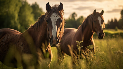 Two horses grazing together
