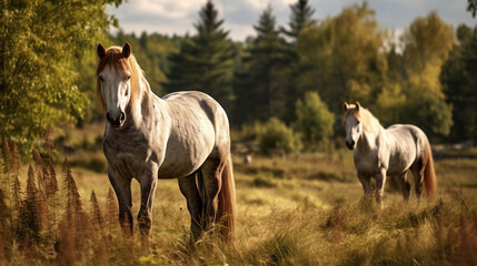 Obraz na płótnie Canvas Two horses grazing together