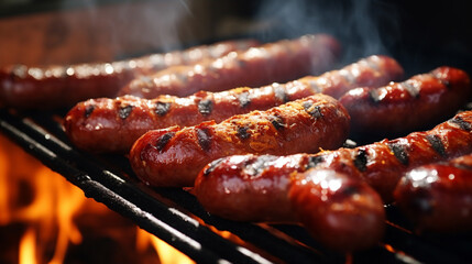Delicious sausages on the grill - obrazy, fototapety, plakaty