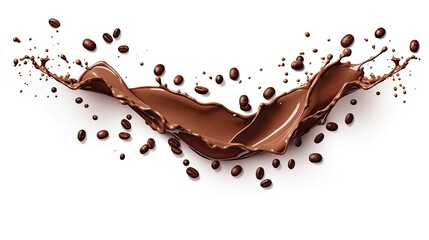 Chocolate, cocoa and coffee splashes, drops, blobs and blobs isolated on white background. Promotional product, appetizing liquid dessert, promotional splash design element.
