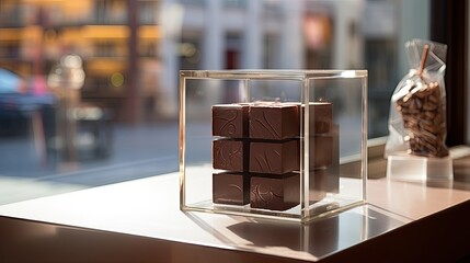 Chocolate cube in a store window at Biel, Bern canton, Switzerland.
 - obrazy, fototapety, plakaty