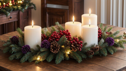 Adventskranz mit brennenden Kerzen . Weihnachten . Weiße Kerzen . KI Generated