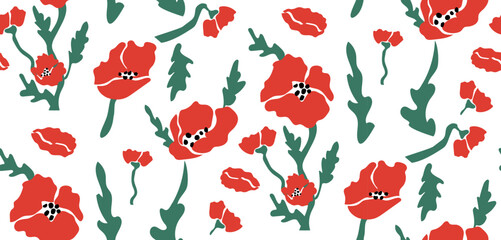 Aesthetic printable seamless pattern with red poppies. Retro floral background. Vector illustration.