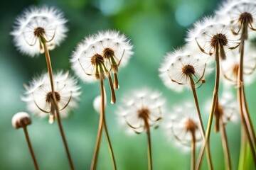 White fluffy dandelions, natural green blurred spring background, .