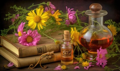 Wild flowers and herbs and a bottle of oil on a wooden table. Still life with flowers and old books