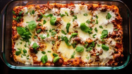 Close up overhead view of homemade lasagna in a glass baking tray.
