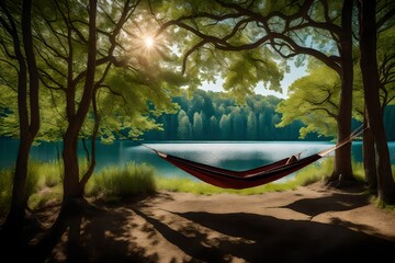 Summer hammock between trees next to lake