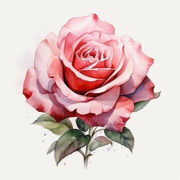 Watercolor painting of a beautiful red rose on white