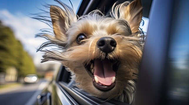 Close-up of a windswept yorkie dog sticking its head out of an open car window
