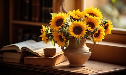 Bouquet of sunflowers in a vase and books