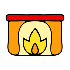 Fireplace with lit fire. Decoration, decorate, christmas, new year, eve, warmth, december 25, winter, holiday atmosphere, celebrate, family celebration, traditions. Colorful icon