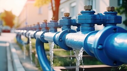 Close-up view of household water supply system, distribution of water supply to residential area, valves blocking access to water pipes
 - obrazy, fototapety, plakaty