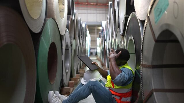 A young man works in a warehouse storing rolls of metal sheet material. Sit down break and wipe off sweat a little before continuing with work.