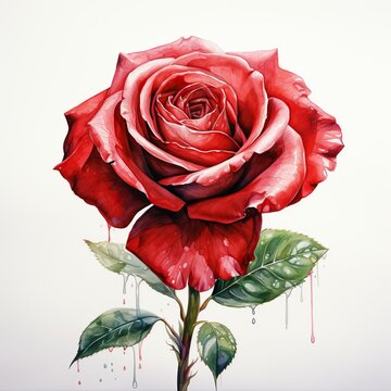 Watercolor painting of a beautiful red rose on white