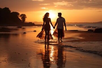 Fototapeta premium Cute young couple standing and looking the sunset at the beach for pre-wedding photoshoot