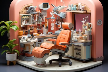 Detailed isometric block dental office with dentist instruments end equipment