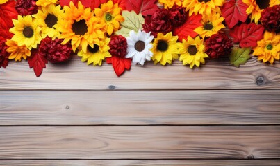 Autumn leaves and flowers on a wooden background. Copy space.