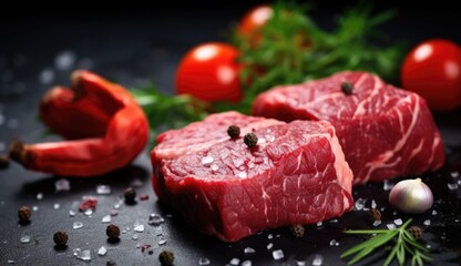 Raw beef steak with herbs and spices on a black stone background.