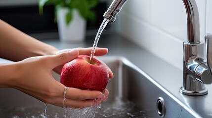 Cropped shot of woman's hand washing an red apple with running water in the kitchen sink at home
 - Powered by Adobe