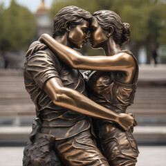 A bronze sculpture of a couple kissing