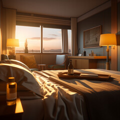 Photo shot in Close-up shot, hotel room, 3d render. AI generated.