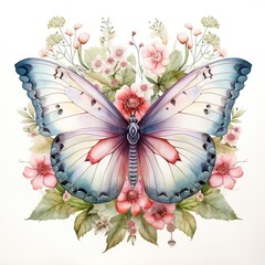 Watercolor painting of beautiful colorful butterflies and flowers..