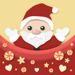 Cute happy Santa Claus and candy paper texture card