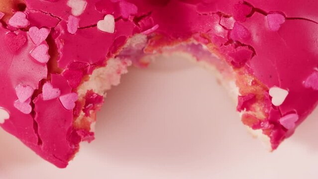 Take a bite of bento cake Pink background close-up, birthday barbie style table for tea ceremony, girl fashion food background, top view.